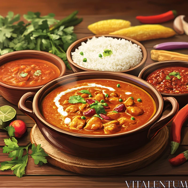 Traditional Curry and Rice Meal with Sides AI Image