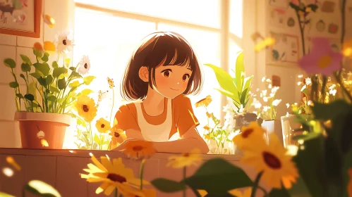 Girl with Flowers in Anime Style