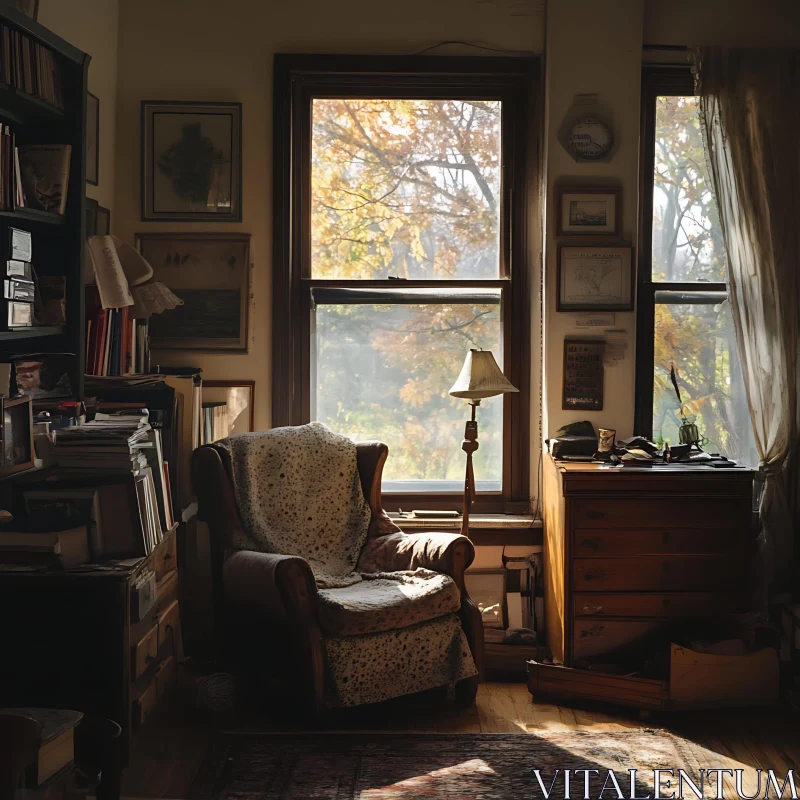 AI ART Cozy Interior with Armchair and Books