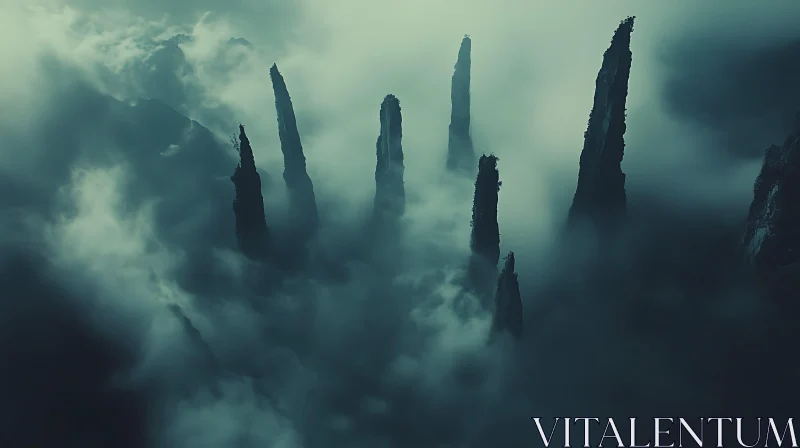 Foggy Mountain Landscape with Rock Spires AI Image