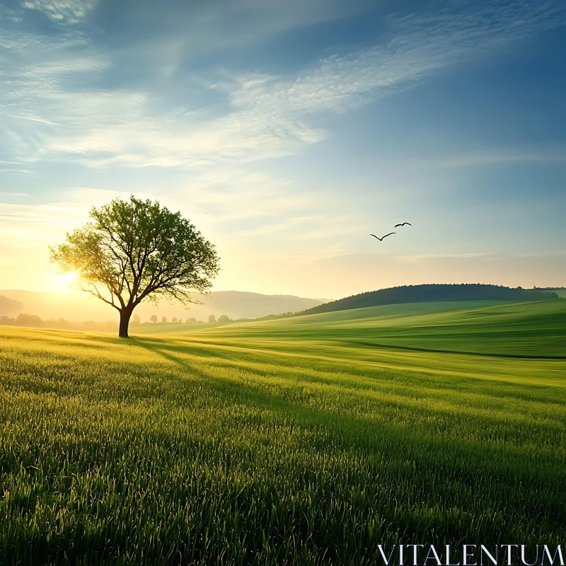 Green Field Sunrise with Solitary Tree AI Image