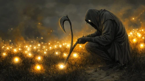 Hooded Reaper with Scythe in Mystic Field