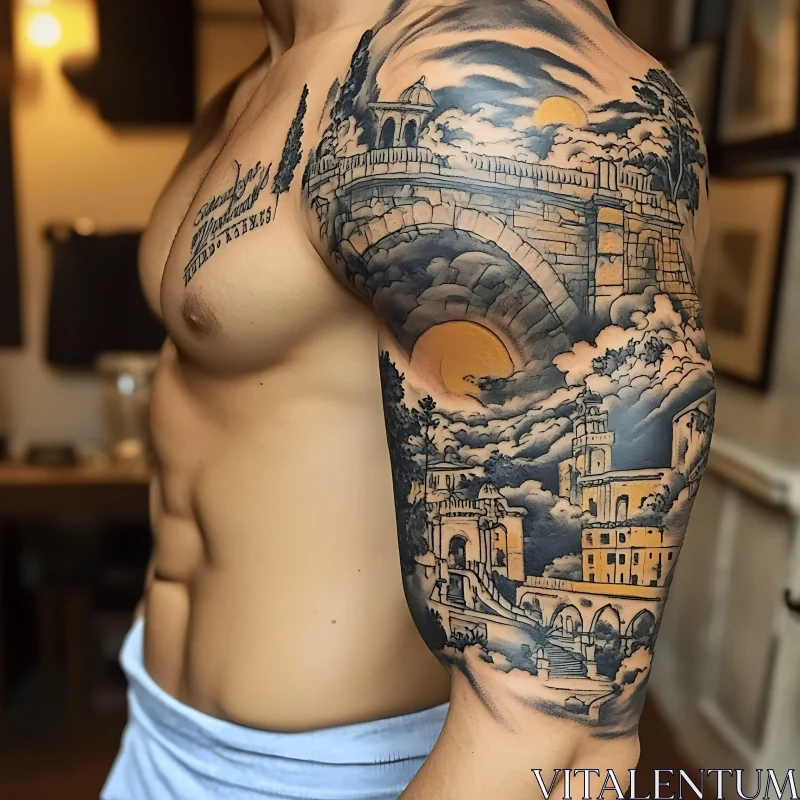 Sunset Over Ancient Bridge Tattoo AI Image