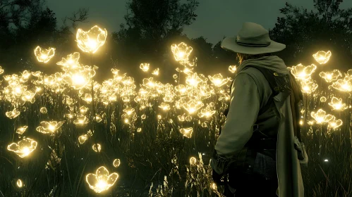 Luminous Meadow: Person Amidst Glowing Flora