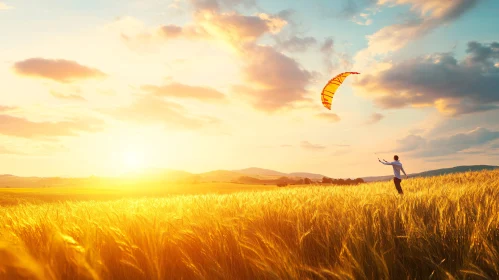 Sunset Kite in Golden Field