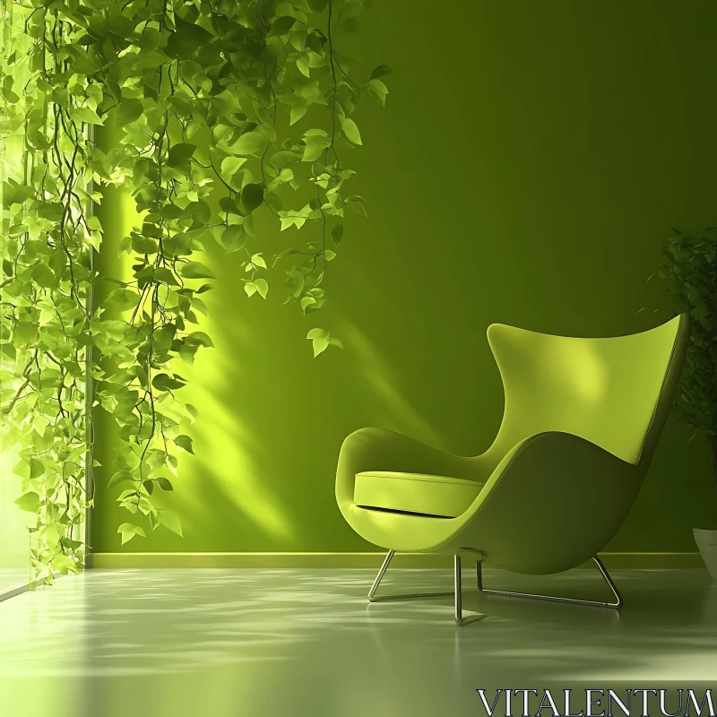 Minimalist Green Room with Plant AI Image