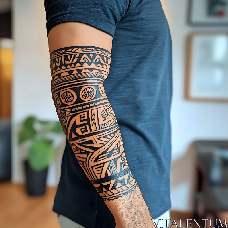 Geometric Black Ink Tribal Arm Tattoo AI Image