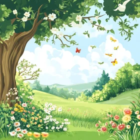 Picturesque Meadow Scene with a Tree