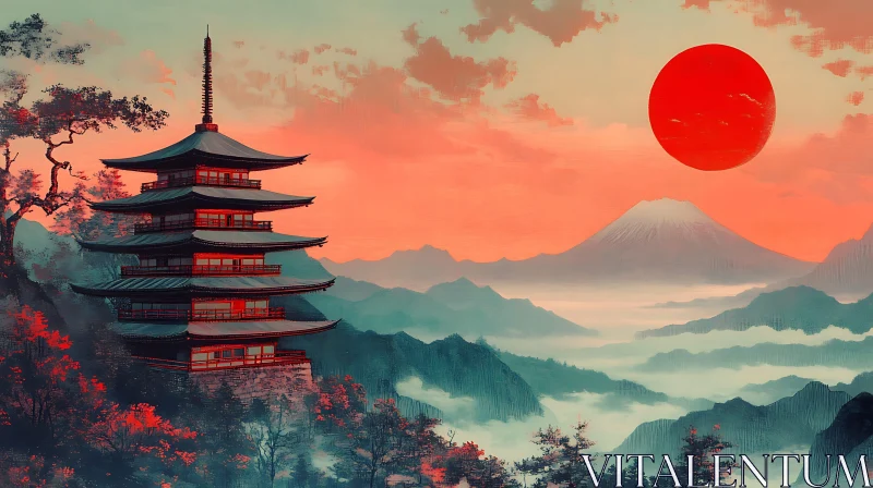 AI ART Tranquil Japanese Pagoda with Mountain View