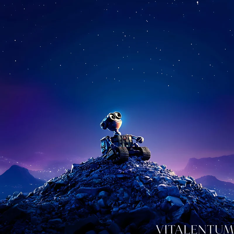 Robot Contemplating Stars on Trash Heap AI Image