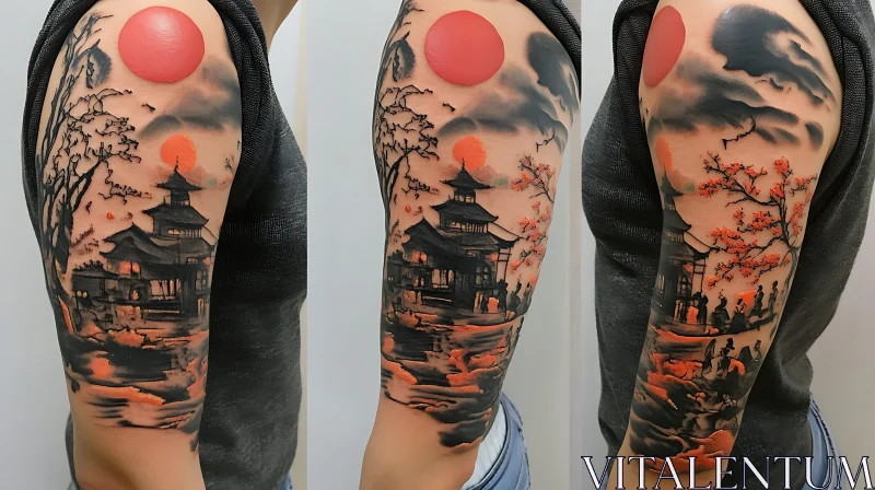 Japanese Pagoda and Sunset Tattoo Sleeve AI Image