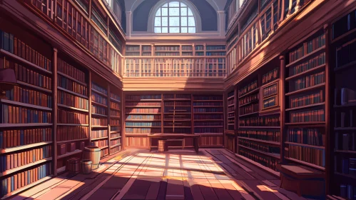 Sunlit Bookshelves in Classic Library