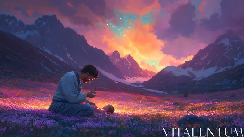 AI ART Serene Fatherhood Moment in Mountain Meadow