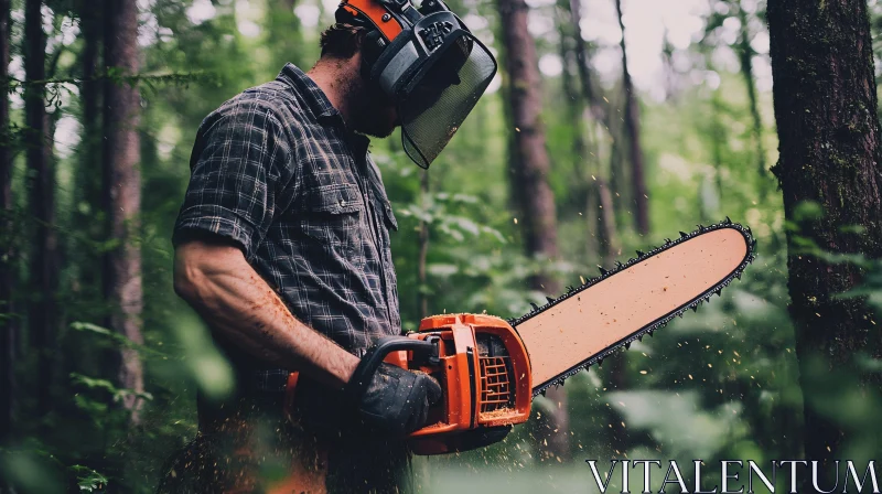 Man Cutting Wood in the Forest AI Image