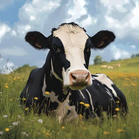 Resting Cow in Grassy Field