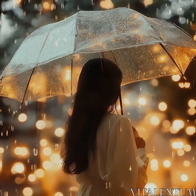 Woman in Rain with Bokeh Lights AI Image