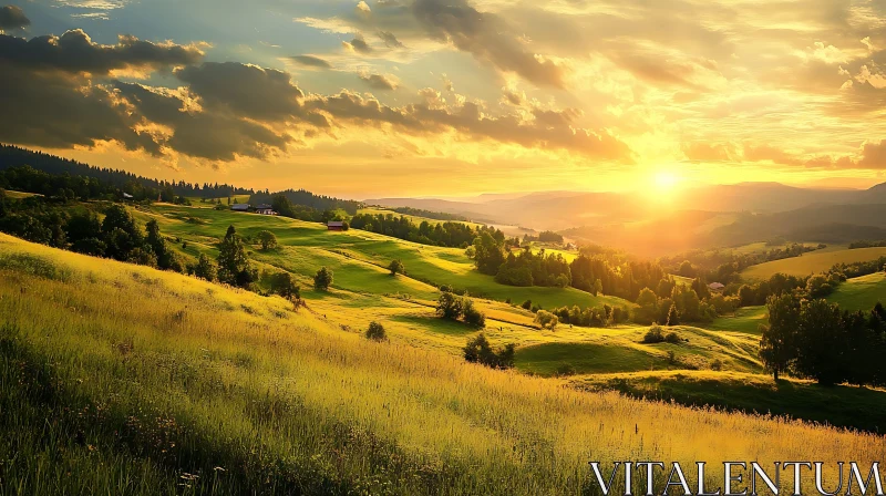 AI ART Sunset Over Rolling Hills and Meadow