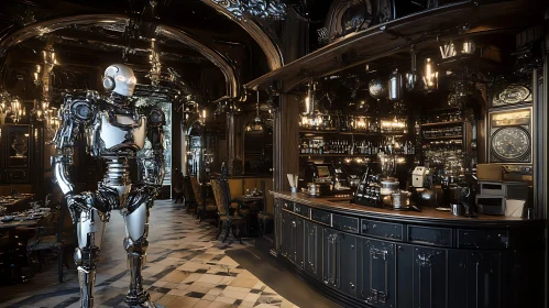 Metallic Robot in Classic Bar Setting