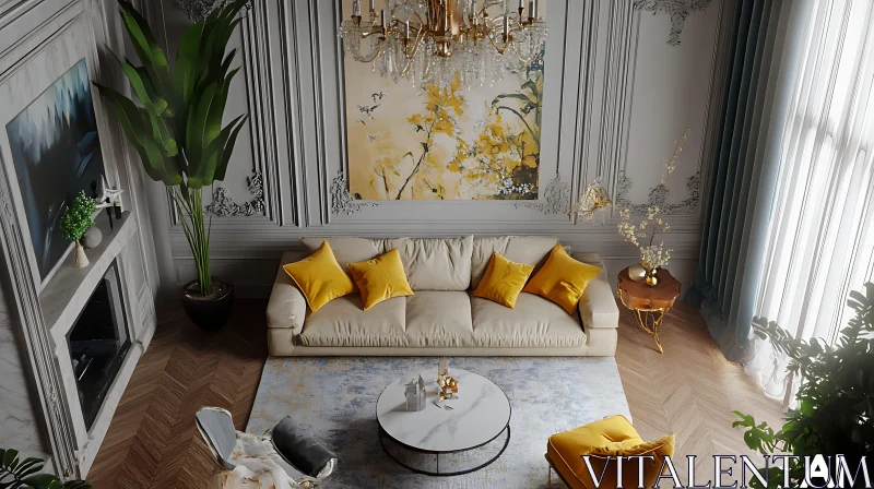 AI ART Luxury Living Room with Yellow Accents