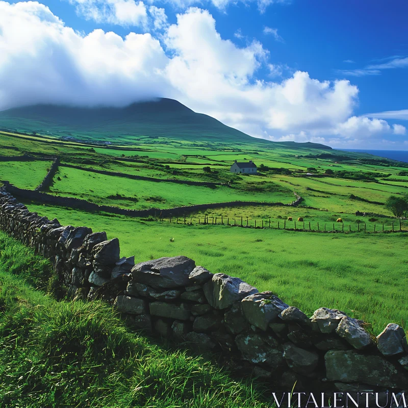 Picturesque Green Field with Cloudy Mountain AI Image