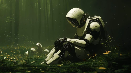 Pensive Robot Among Sheep in Woodland