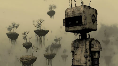 Robotic Figure Overlooking Floating Island Scenery