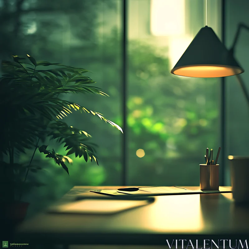 Indoor Plant by Desk with Lamp AI Image