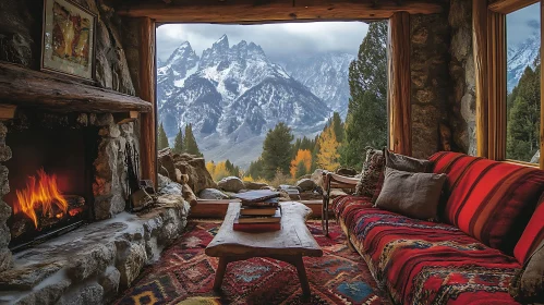 Cozy Cabin Interior with Mountain Scenery