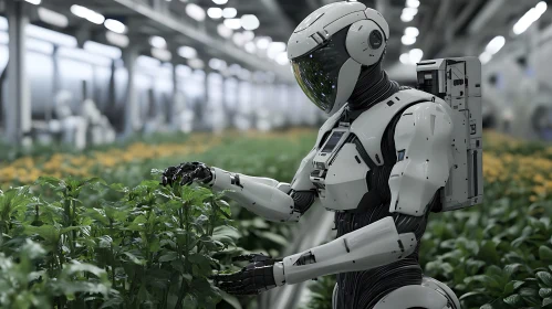 Futuristic Robot in Greenhouse