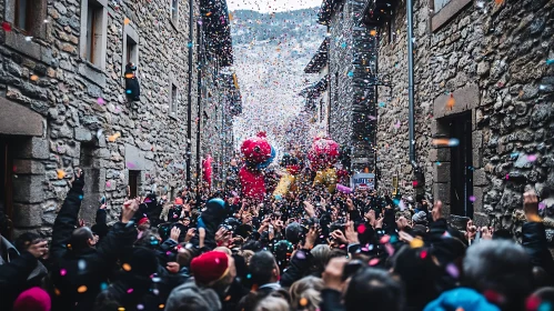 Crowd Celebration with Colorful Confetti Rain