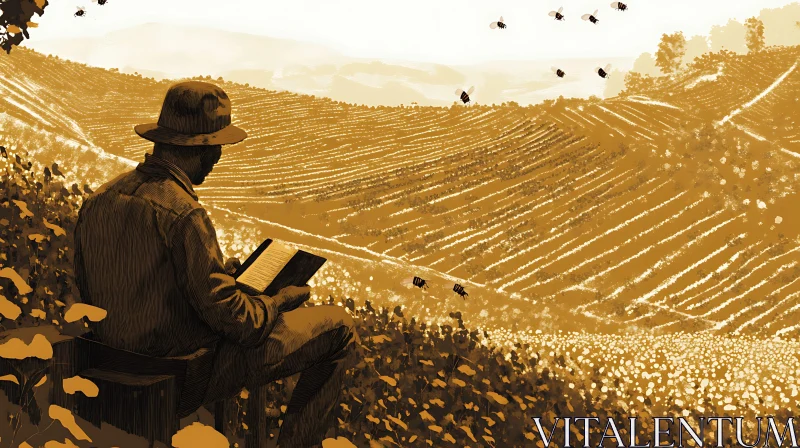 AI ART Man Reading in Field with Bees