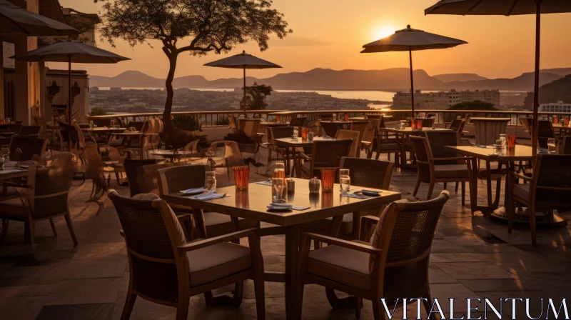 Captivating Sunset Cafe on Balcony: A Fusion of Phoenician Art and Contemporary Charm AI Image