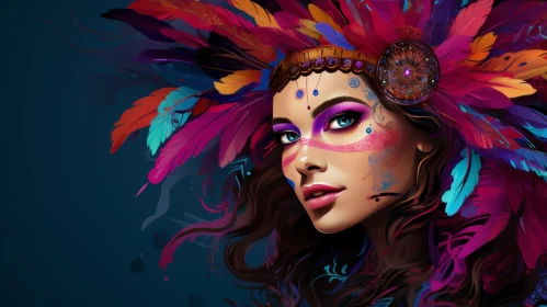 Colorful Indian-Inspired Feathered Woman Illustration