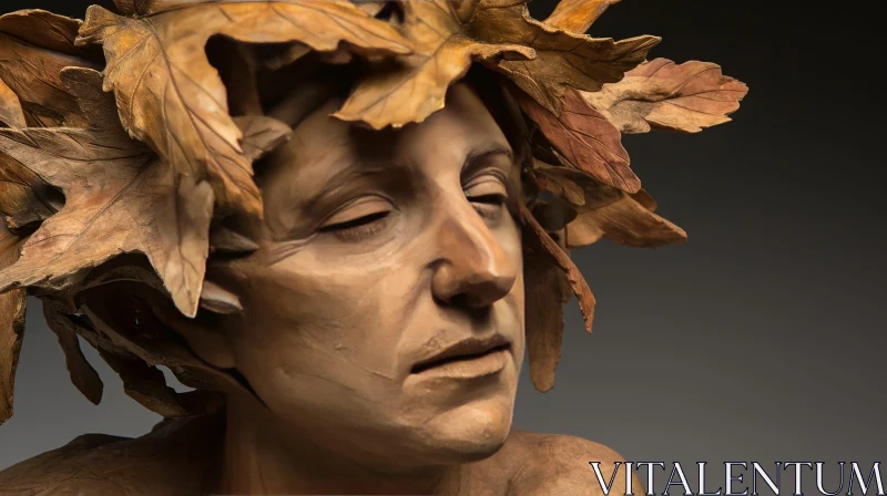 Detailed Clay Sculpture of Human Head with Crown of Leaves AI Image