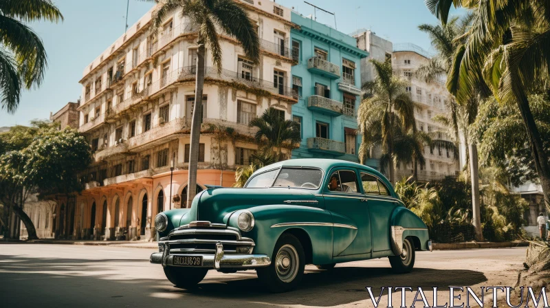 Enigmatic Tropics: Captivating Old-Fashioned Car in a Turquoise City AI Image