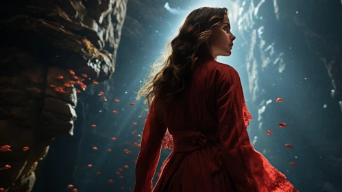 Fairytale Elegance: Woman in Red Dress amidst Floral Cave