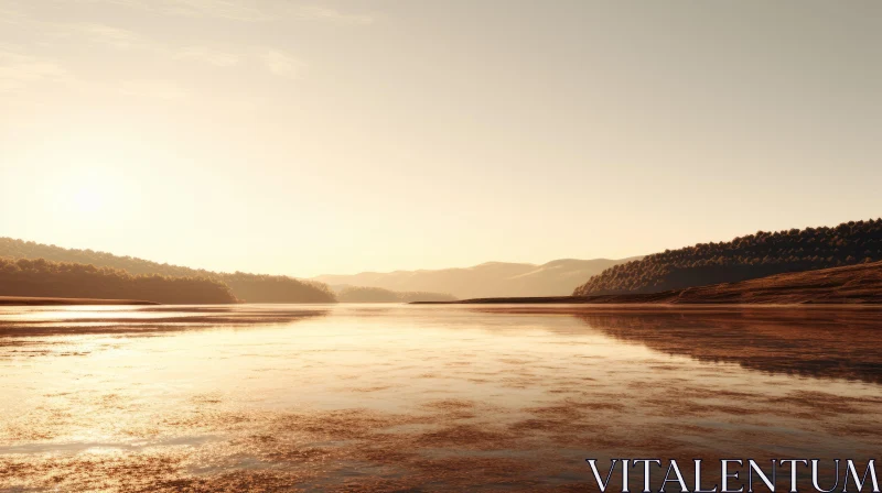 Minimalistic River and Mountain Scene at Sunset AI Image