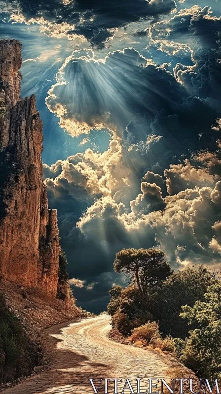 AI ART Mountain Path and Dramatic Clouds