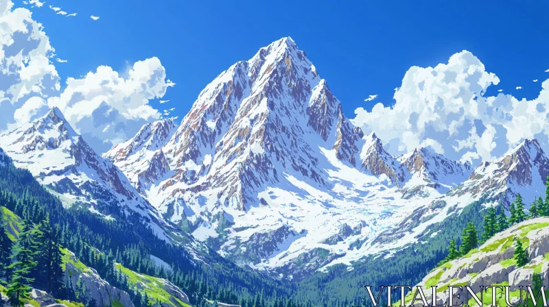 Majestic Alpine Landscape with Snow and Blue Sky AI Image