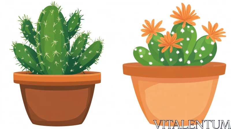 Two Cacti in Pots, One Flowering AI Image