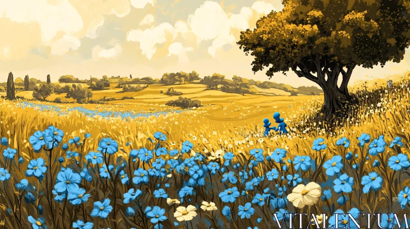 AI ART Idyllic Field with Blue Flowers and Tree