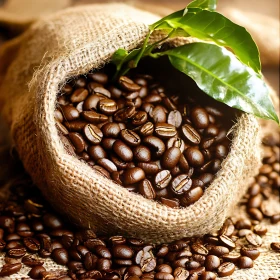 Dark Coffee Beans and Green Leaf in Burlap Sack