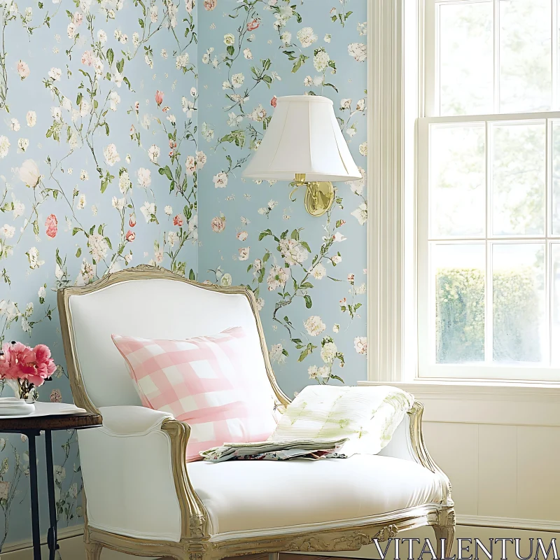 AI ART Floral Wallpaper and White Armchair Composition