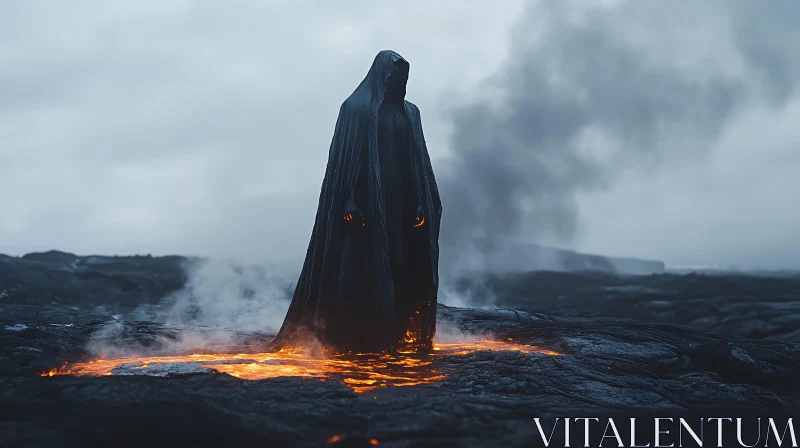 Dark Figure on Lava Field AI Image