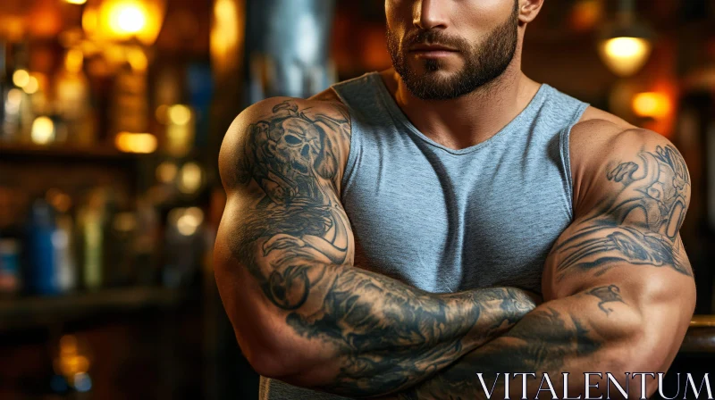 Tattooed Muscular Man in Warm Lighting AI Image