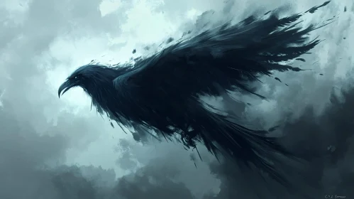 Dark Raven Soaring Through Clouds