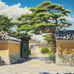 Tranquil Courtyard with Traditional Buildings and Tree