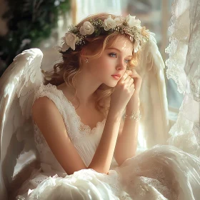 Serene Angel with Floral Crown and Wings