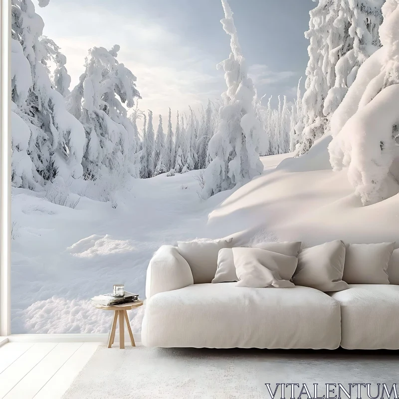 AI ART Snowy Trees Landscape with White Sofa