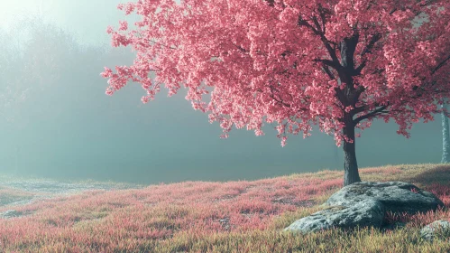 Misty Field with Pink Tree